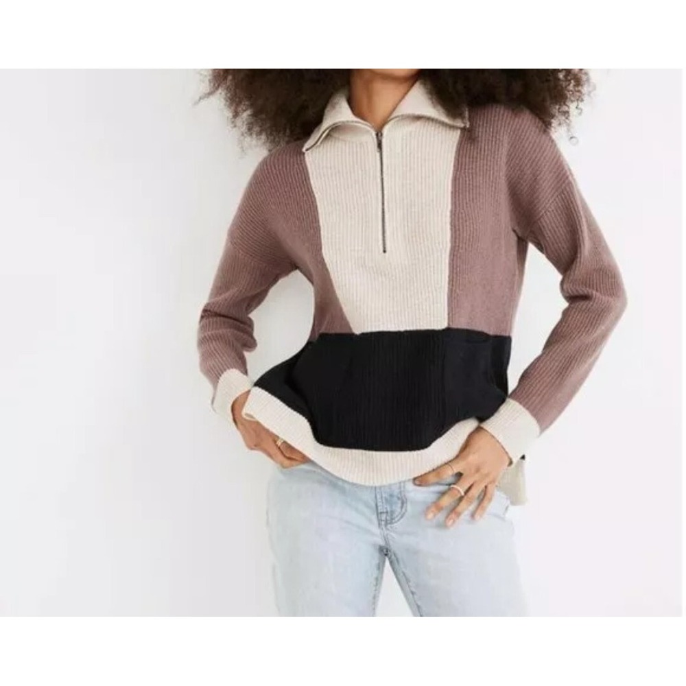 Madewell Colorblock Quarter Zip Merino Wool Blend Sweater Mauve Navy Size Small
